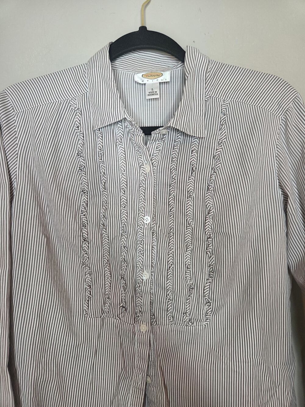 Talbots Petites Womens Sz Large Brown White Stripe Ruffle Long Sleeve Blouse